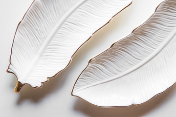 Beautiful plates on a white background with cotton. Beautiful layout