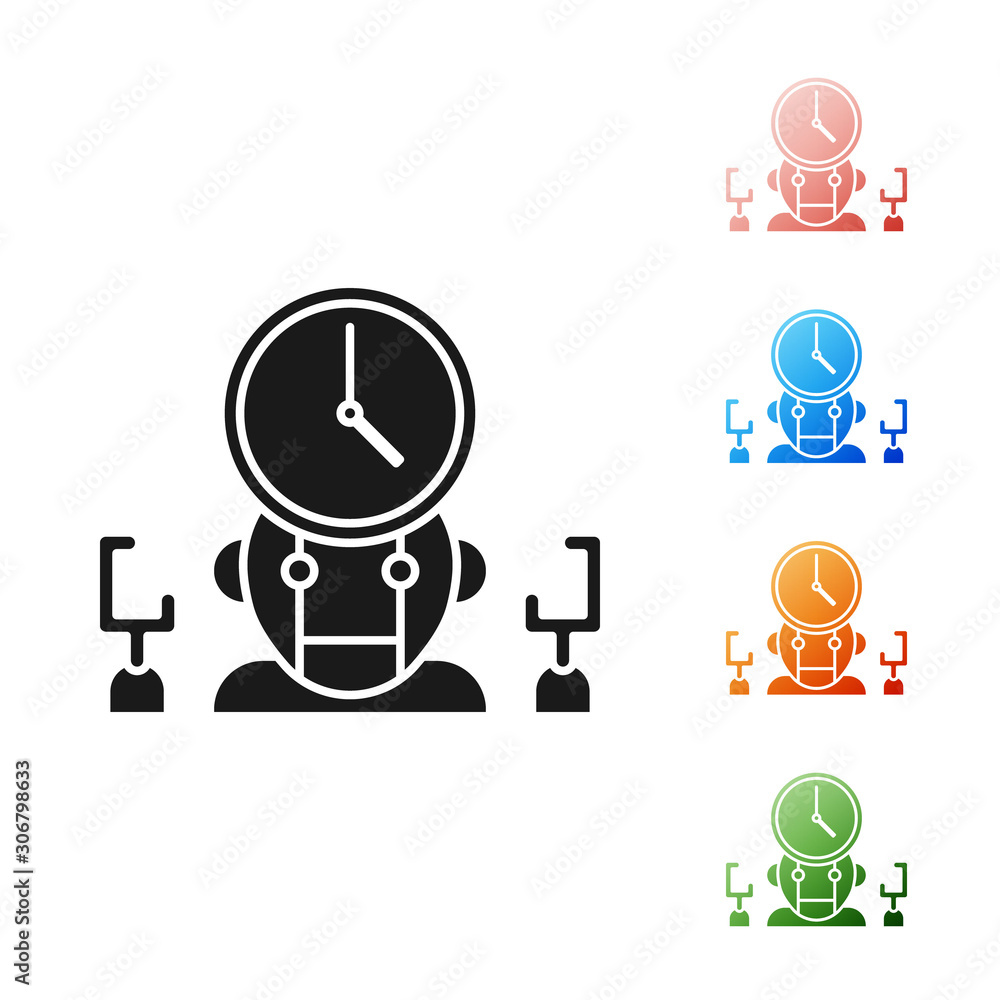 Poster black robot and digital time manager icon isolated on white background. time management assistance, 
