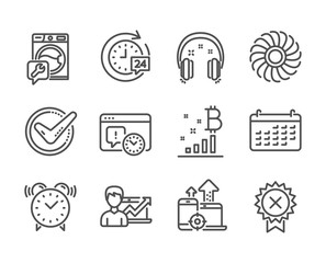 Set of Technology icons, such as Headphones, Fan engine, Alarm clock, Success business, Project deadline, Calendar, Washing machine, Bitcoin graph, Seo devices, Confirmed, Reject medal. Vector