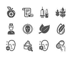 Set of Healthcare icons, such as Collagen skin, Capsule pill, Medical vaccination, Gluten free, Medical prescription, Face declined, Uv protection, Hypoallergenic tested, Face detect. Vector