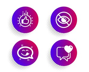 Yummy smile, Not looking and Like hand icons simple set. Halftone dots button. Heart sign. Emoticon, Eye care, Thumbs up. Love chat. People set. Classic flat yummy smile icon. Vector