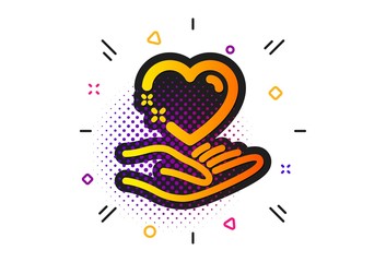 Care love emotion sign. Halftone circles pattern. Hold heart icon. Valentine day symbol. Classic flat hold heart icon. Vector