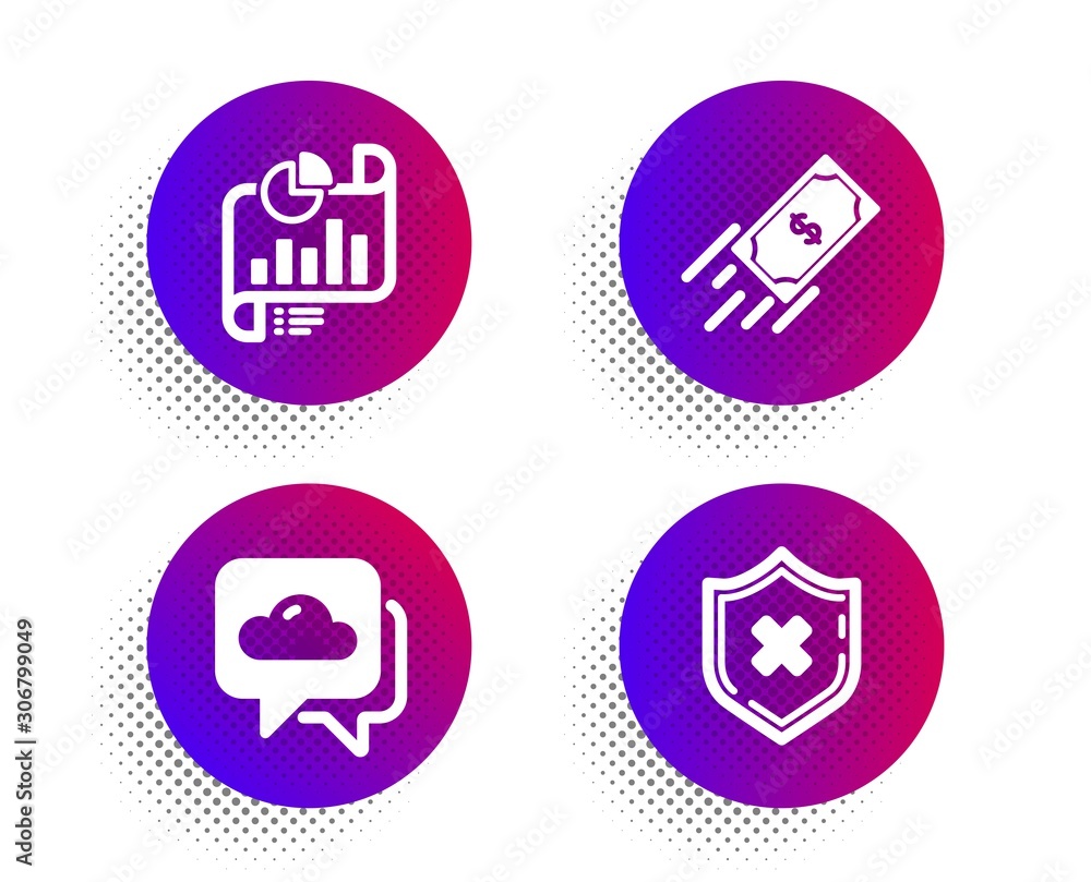 Poster weather forecast, report document and fast payment icons simple set. halftone dots button. reject pr