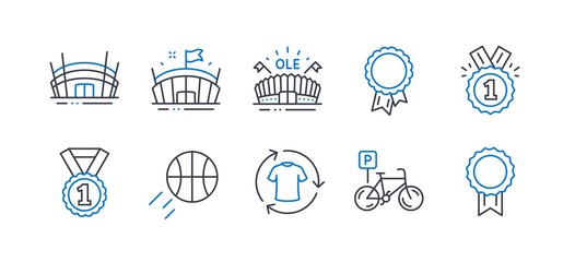 Set of Sports icons, such as Basketball, Approved, Arena, Best rank, Change clothes, Arena stadium, Success, Bicycle parking, Reward line icons. Sport ball, Winner badge. Line basketball icon. Vector