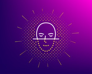 Face recognition line icon. Halftone pattern. Faces biometrics sign. Head scanning symbol. Gradient background. Face recognition line icon. Yellow halftone pattern. Vector