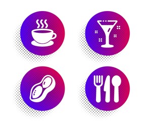 Cappuccino, Peanut and Cocktail icons simple set. Halftone dots button. Food sign. Espresso cup, Vegetarian nut, Martini. Cutlery. Food and drink set. Classic flat cappuccino icon. Vector