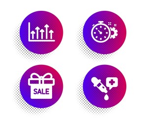 Cogwheel timer, Sale offer and Growth chart icons simple set. Halftone dots button. Chemistry pipette sign. Engineering tool, Gift box, Upper arrows. Laboratory. Business set. Vector