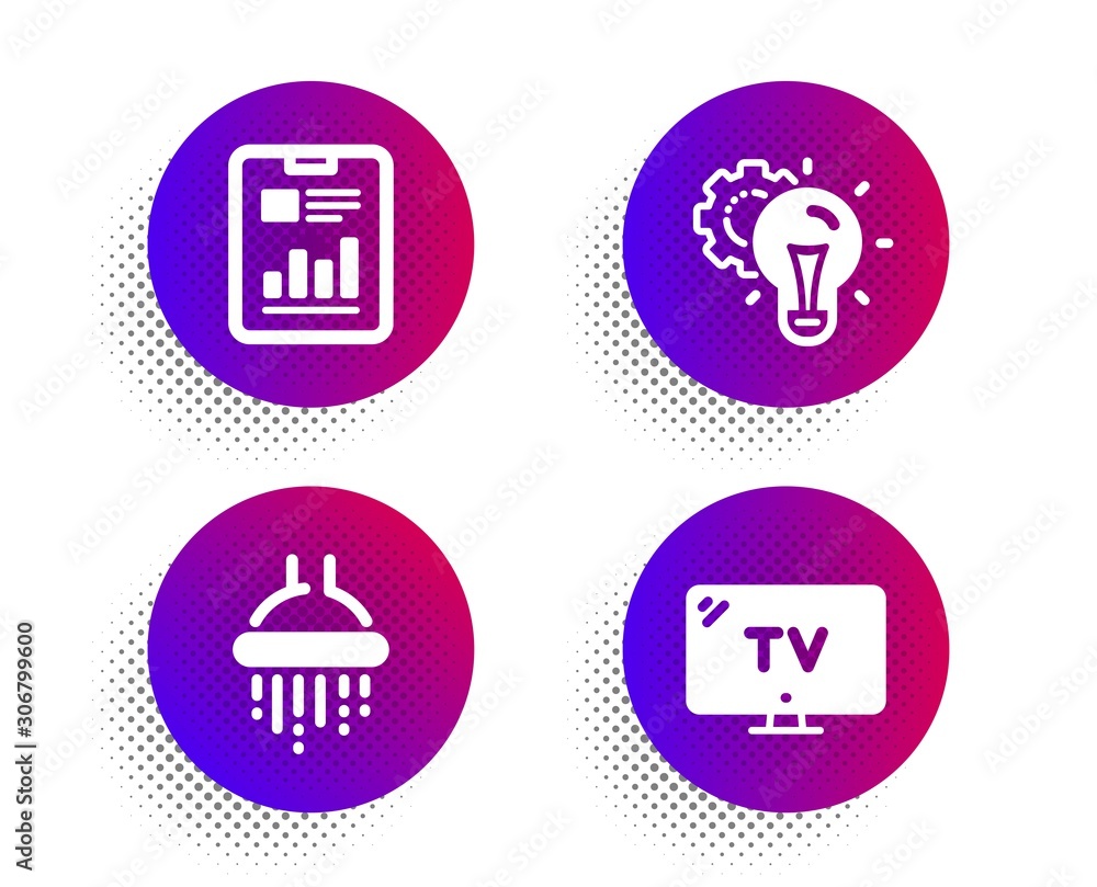 Poster idea gear, shower and report document icons simple set. halftone dots button. tv sign. technology pr