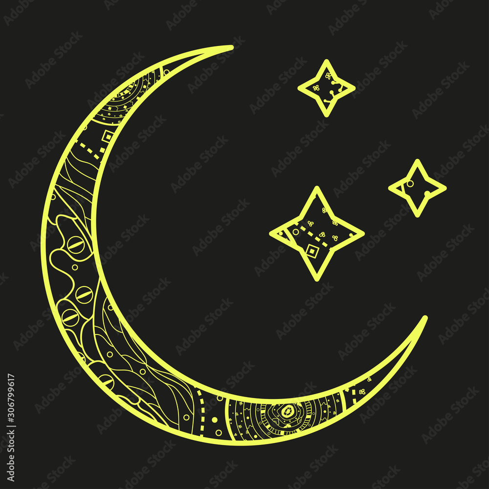 Wall mural crescent moon and stars with abstract patterns. hand drawn elements