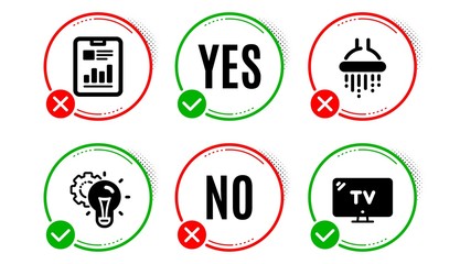 Idea gear, Shower and Report document icons simple set. Yes no check box. Tv sign. Technology process, Bathroom, Page with charts. Television. Business set. Idea gear icon. Check mark. Vector