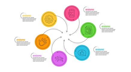 Settings gear, Smartphone notification and Feedback line icons set. Infographic timeline. Credit card, Hand and Search flight signs. Technology process, Chat message, Speech bubble. Vector