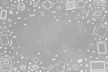 Back to school. Abstract blackboard. Background with school supplies. Elements are drawn in a linear style
