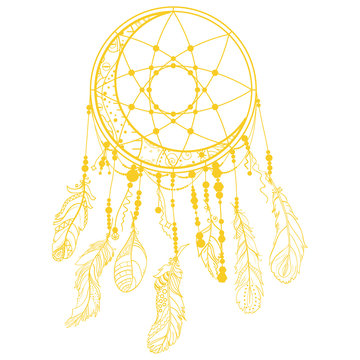 Colorful dreamcatcher on white. Mystic symbol. Hand drawn abstract dreamcatcher