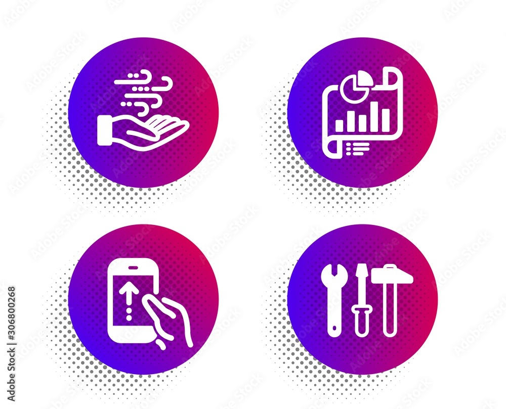 Poster swipe up, report document and wind energy icons simple set. halftone dots button. spanner tool sign.