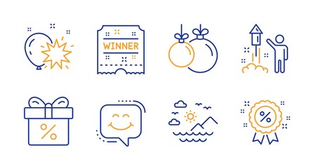 Balloon dart, Winner ticket and Sea mountains line icons set. Christmas ball, Fireworks and Discount offer signs. Smile chat, Discount symbols. Attraction park, Carousels award. Holidays set. Vector
