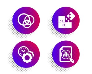 Euler diagram, Time management and Puzzle icons simple set. Halftone dots button. Analytics graph sign. Relationships chart, Settings, Engineering strategy. Chart report. Science set. Vector