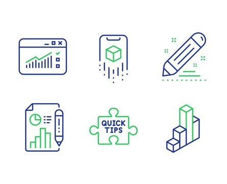 Web traffic, Report document and Augmented reality line icons set. Quick tips, Brand contract and 3d chart signs. Website window, Growth chart, Phone simulation. Tutorials. Science set. Vector