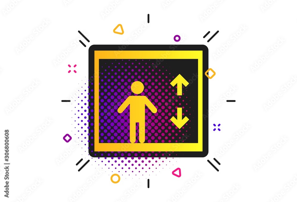 Poster elevator sign icon. halftone dots pattern. person symbol with up and down arrows. classic flat eleva