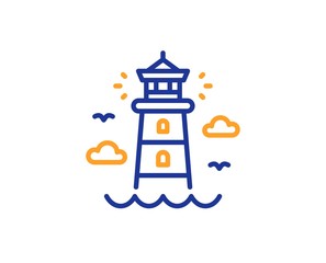 Beacon tower sign. Lighthouse line icon. Searchlight building symbol. Colorful outline concept. Blue and orange thin line lighthouse icon. Vector