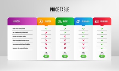Share call, Heart and Search book icons simple set. Pricing table, price list. Web system sign. Phone support, Love chat, Online education. Computer. Business set. Comparison table with price. Vector