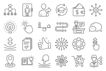 Artificial intelligence, Balance, Refer friend line icons. Continuing education, Methodology and Exhibitors icons. Swipe up, Elastic, Click here, Refer. Cross sell, Third party, Multichannel. Vector