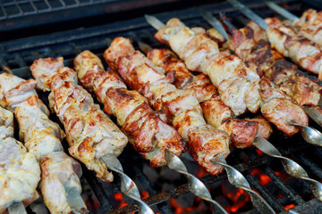 Meat on skewers is grilled with burning charcoal.
