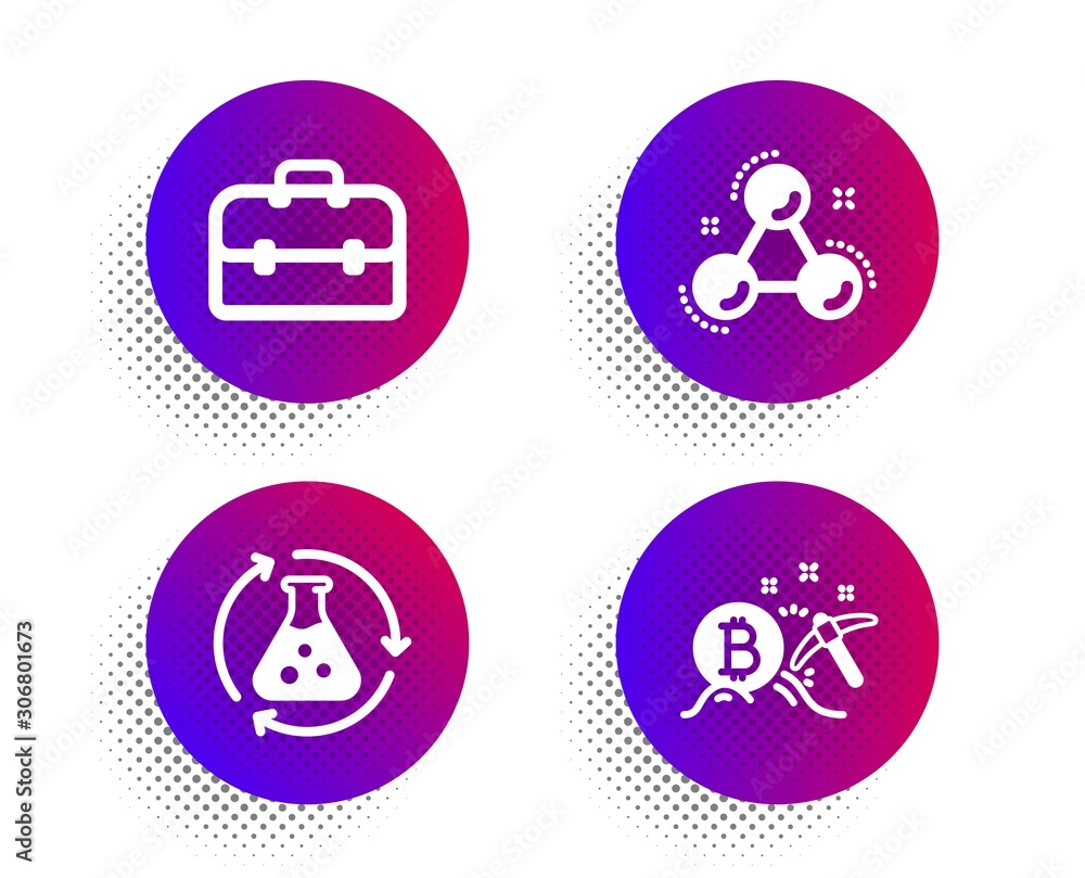 Poster portfolio, chemistry experiment and chemistry molecule icons simple set. halftone dots button. bitco