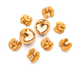 Tasty walnuts on white background