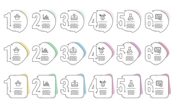 Chemistry lab, Diagram graph and Contactless payment line icons set. Infographic timeline. Like photo, Send box and Dirty water signs. Laboratory, Presentation chart, Financial payment. Vector