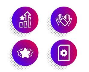 Star, Ranking stars and Smartphone holding icons simple set. Halftone dots button. File management sign. Favorite, Winner results, Phone. Doc with cogwheel. Technology set. Vector
