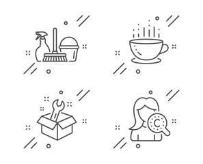Spanner, Household service and Coffee cup line icons set. Collagen skin sign. Repair service, Cleaning equipment, Hot drink. Skin care. Business set. Line spanner outline icon. Vector