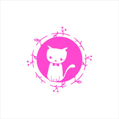 cat logo simple modern cute cartoon vector in the circle nature frame with pink color. animal template