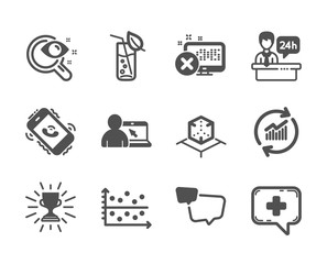 Set of Business icons, such as Medical chat, Call center, Vision test, Trophy, Speech bubble, Augmented reality, Water glass, Reception desk, Online education, Dot plot, Update data. Vector