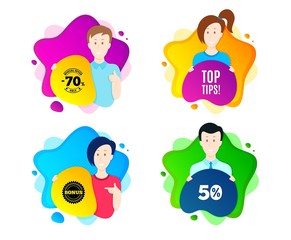 Top tips symbol. People shape offer badge. Education faq sign. Best help assistance. Dynamic shape offer. Worker person badge. Cut out people coupon. Top tips text. Vector