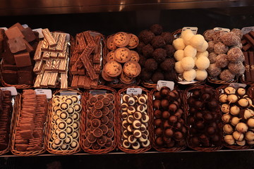 Luxurious chocolate pralines at a market