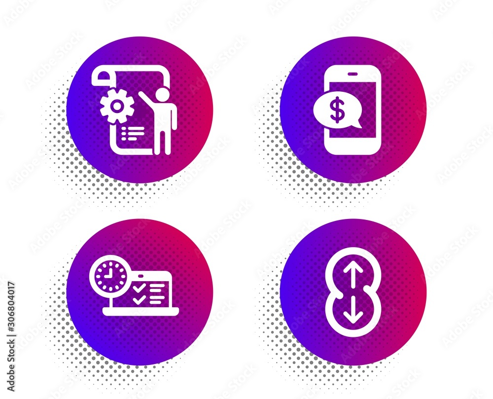 Poster phone payment, settings blueprint and online test icons simple set. halftone dots button. scroll dow