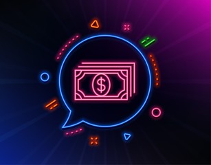 Payment line icon. Neon laser lights. Dollar exchange sign. Finance symbol. Glow laser speech bubble. Neon lights chat bubble. Banner badge with payment icon. Vector