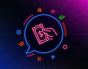 Payment line icon. Neon laser lights. Dollar exchange sign. Finance symbol. Glow laser speech bubble. Neon lights chat bubble. Banner badge with pay money icon. Vector