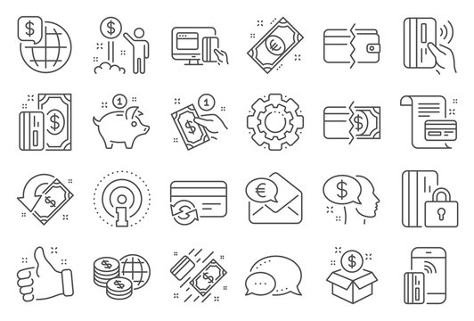 Money wallet line icons. Update credit card, Contactless payment and Piggy bank linear icons. Online payment, Dollar exchange and Fast money send. Private pay, Blocked credit card and Wallet. Vector