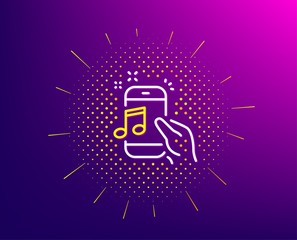 Music in phone line icon. Halftone pattern. Mobile radio sign. Musical device symbol. Gradient background. Music phone line icon. Yellow halftone pattern. Vector