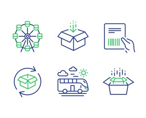 Ferris wheel, Return parcel and Get box line icons set. Parcel invoice, Bus travel and Packing boxes signs. Attraction park, Exchange of goods, Send package. Delivery document. Vector