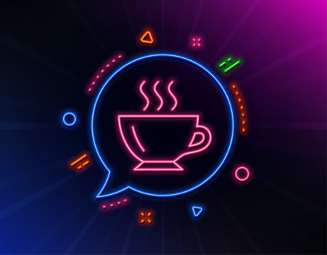 Coffee cup line icon. Neon laser lights. Hot drink sign. Cappuccino symbol. Glow laser speech bubble. Neon lights chat bubble. Banner badge with coffee icon. Vector