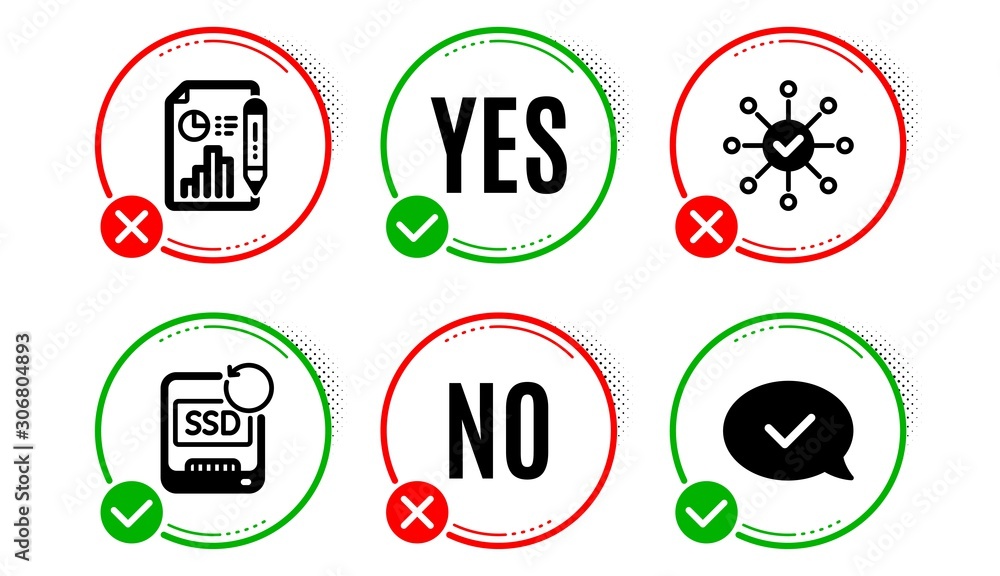 Poster report document, recovery ssd and survey check icons simple set. yes no check box. approved message 