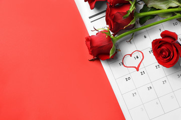 Calendar and rose flowers on color background. Valentine's Day celebration