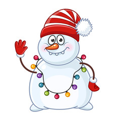Greeting snowman with Christmas garland