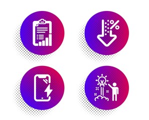 Low percent, Checklist and Smartphone charging icons simple set. Halftone dots button. Creative idea sign. Discount, Graph report, Phone battery. Startup. Technology set. Vector