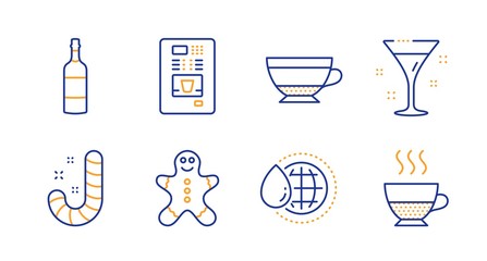 Coffee vending, Cocktail and World water line icons set. Gingerbread man, Candy and Brandy bottle signs. Dry cappuccino, Doppio symbols. Coffee vending machine, Martini. Food and drink set. Vector