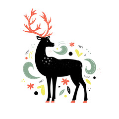 Handdrawn deer in flowers. Decorative children print