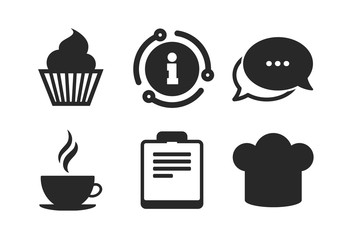 Chef hat symbol. Chat, info sign. Coffee cup icon. Muffin cupcake signs. Document file. Classic style speech bubble icon. Vector