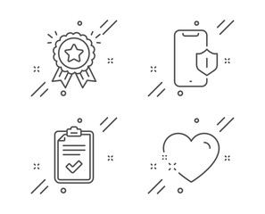 Checklist, Smartphone protection and Loyalty award line icons set. Heart sign. Survey, Phone, Bonus medal. Love. Line checklist outline icon. Vector